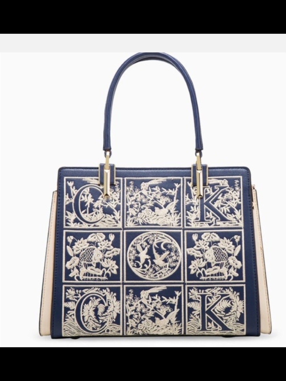 Verano Hill Embroidered Navy and Cream Panel Satchel